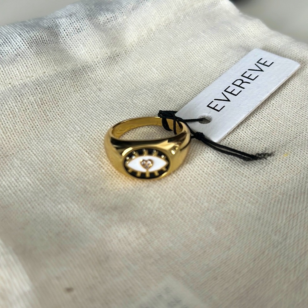 Evereve Elena Evil Eye signet ring. Gold navy white, size 6, nwt